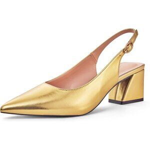 Women Slingback Gold Toe Block Heel Pumps Low Heel Office Wedding Dress Shoes